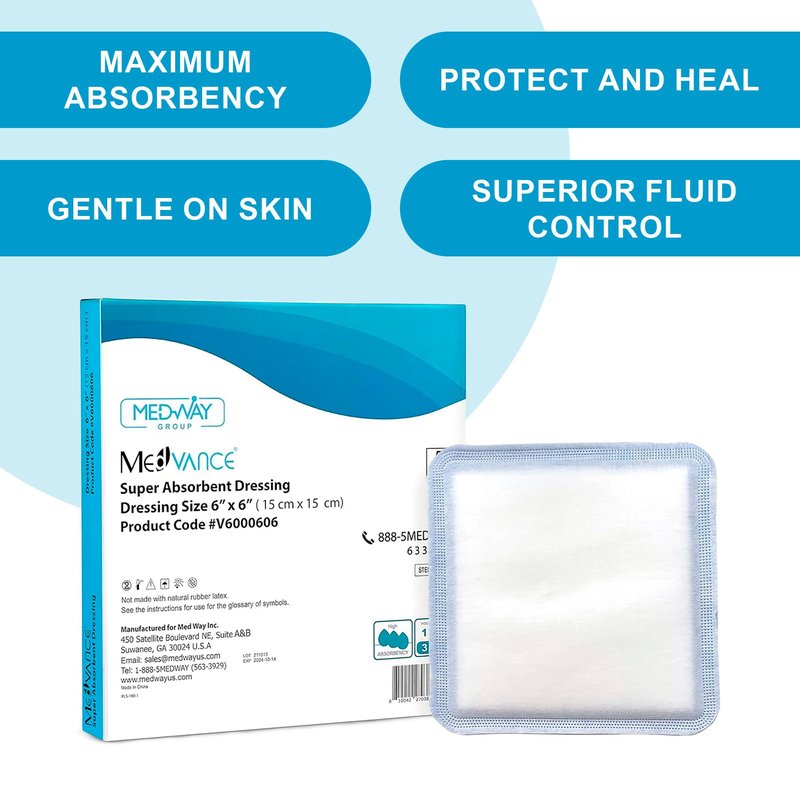 MedVance Super Absorbent Dressing, Non-Adhesive Pads for Wound Care, for Pressure Ulcers & 1st/2nd Degree Burns, Superior Moisture Absorption, Box of 10 dressings (6"x6" Bandage, 5"x5" Pad)