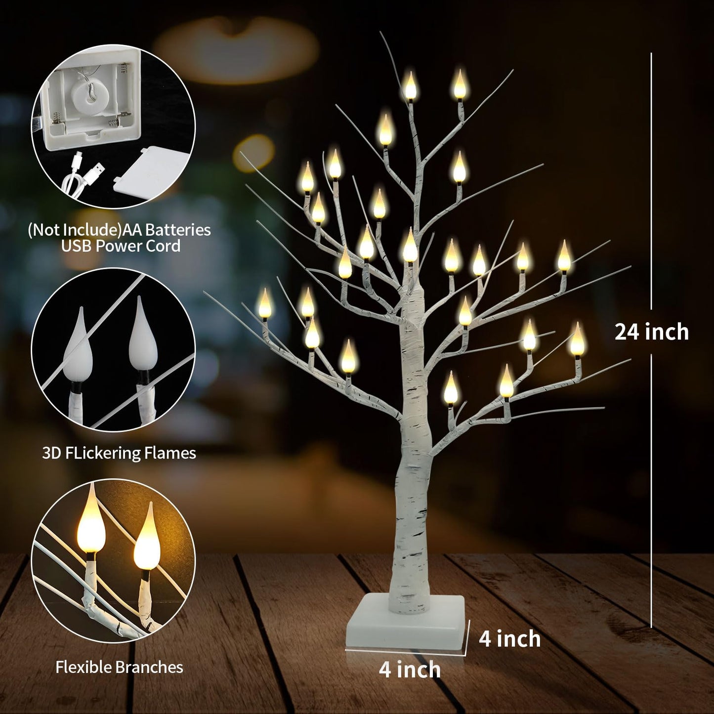 Evicyego 2Ft Lighted Christmas Tree Candles Indoor Decoration, Twinkle Tree with 24LED Flameless Candles Lights, USB/Battery Operated Birch Tree Candles for Home Thanksgiving Christmas Mantel Decor