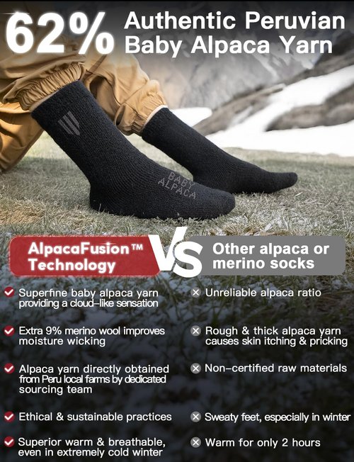 Juclise Men's Thermal Alpaca Crew Socks, Thick Winter Socks (US, Alpha, Large, Regular, Regular, Black)