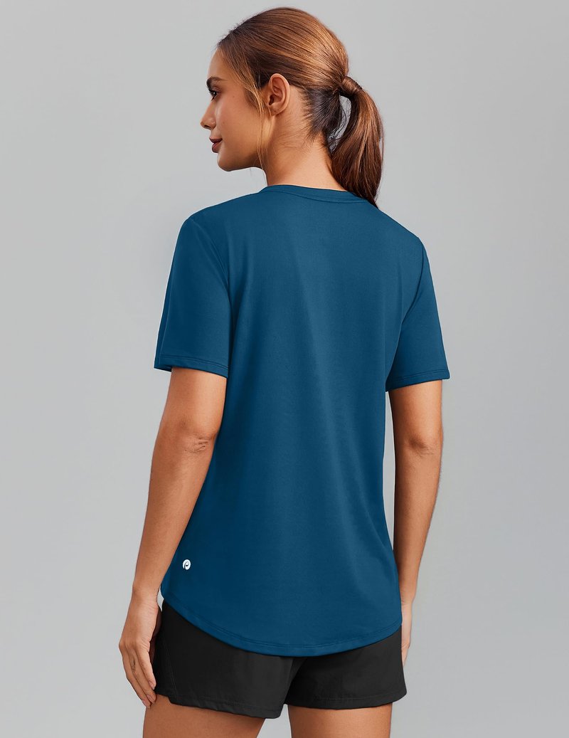 PINSPARK Sun Protection Clothing Women Short Sleeve V Neck UPF 50 UV Shirts Hiking Running Workout Tops Quick Dry Breathable,Dark Blue Large