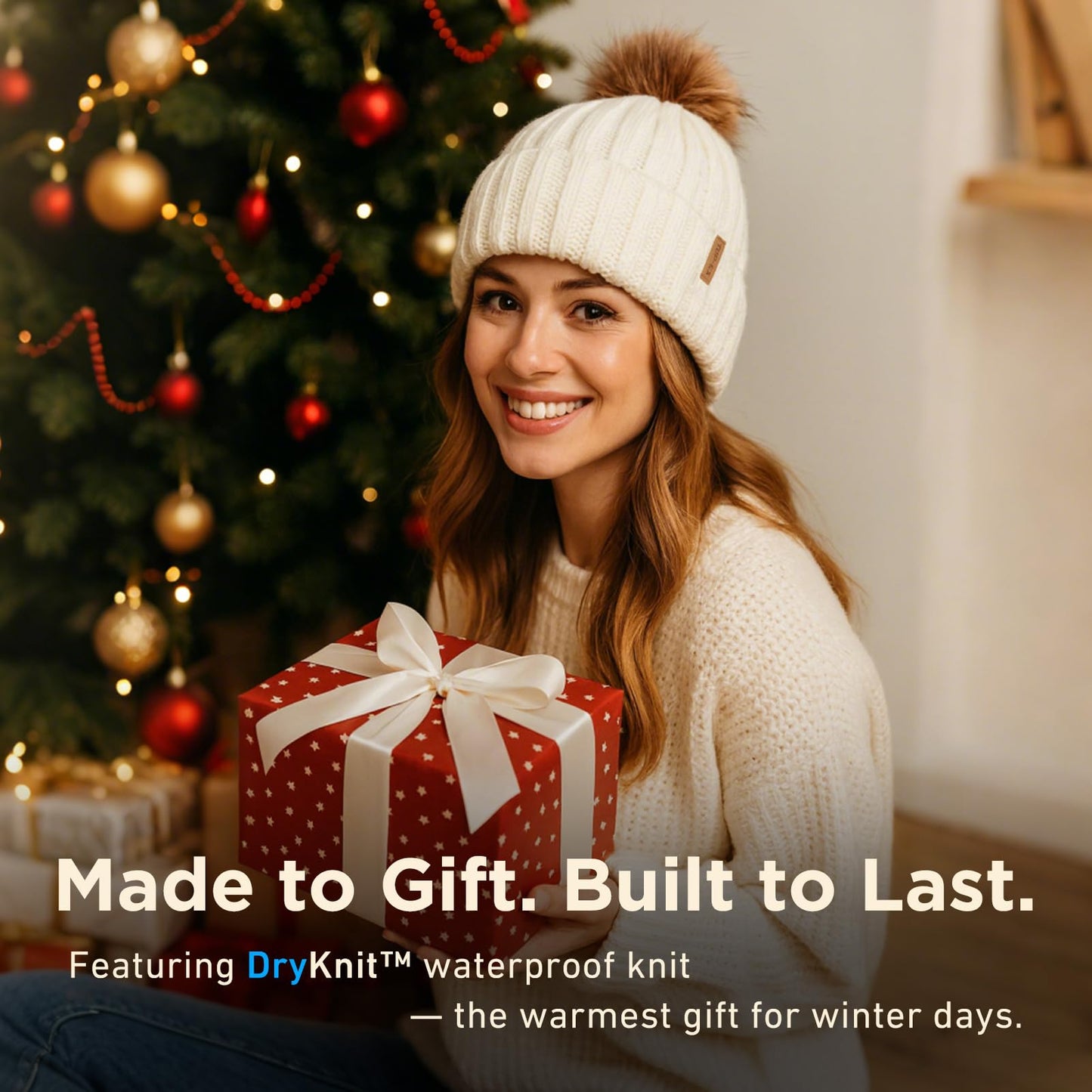 TOP-EX Waterproof Winter Pom Knit Skull Beanie Hat for Women Stocking Cap Warm Fleece Lined with Cute Faux Fur Ski Snow Windproof Black