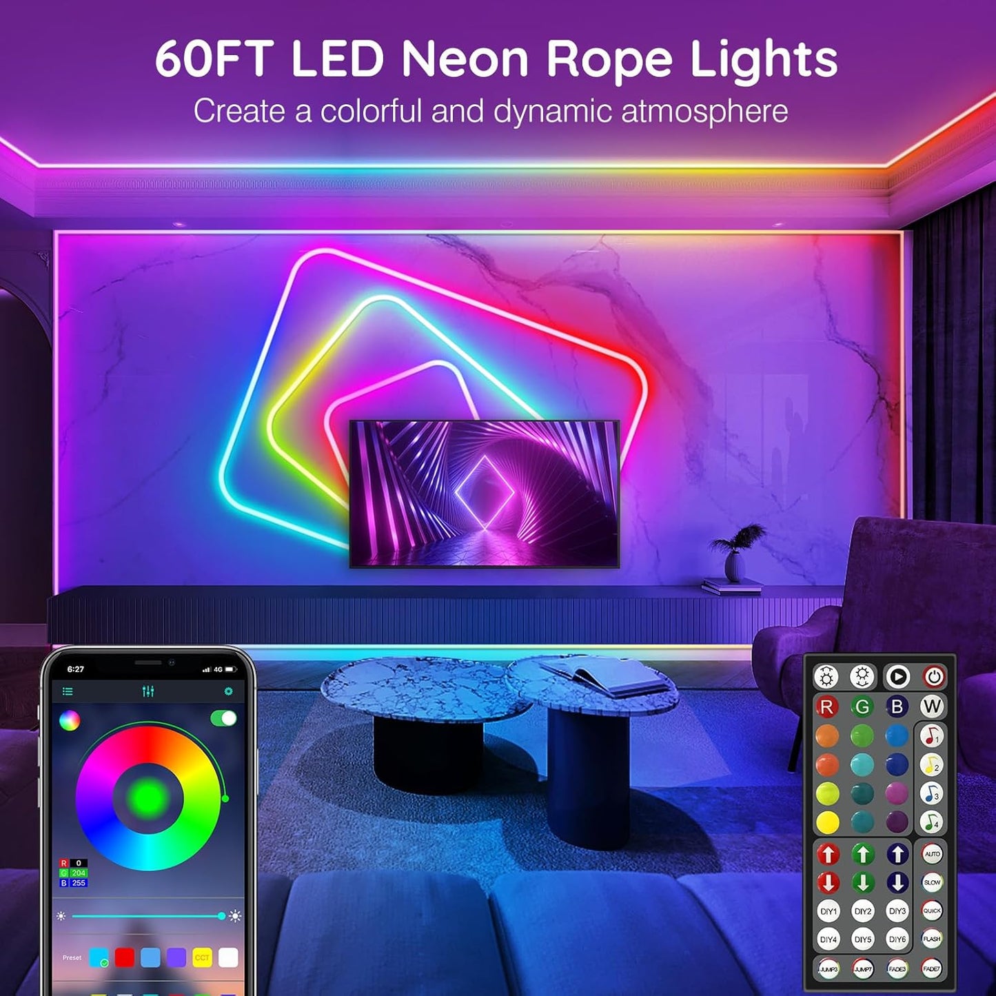60FT SINLEY LED Neon Rope Lights - App/Remote Control, Waterproof RGB for Indoor/Outdoor Use