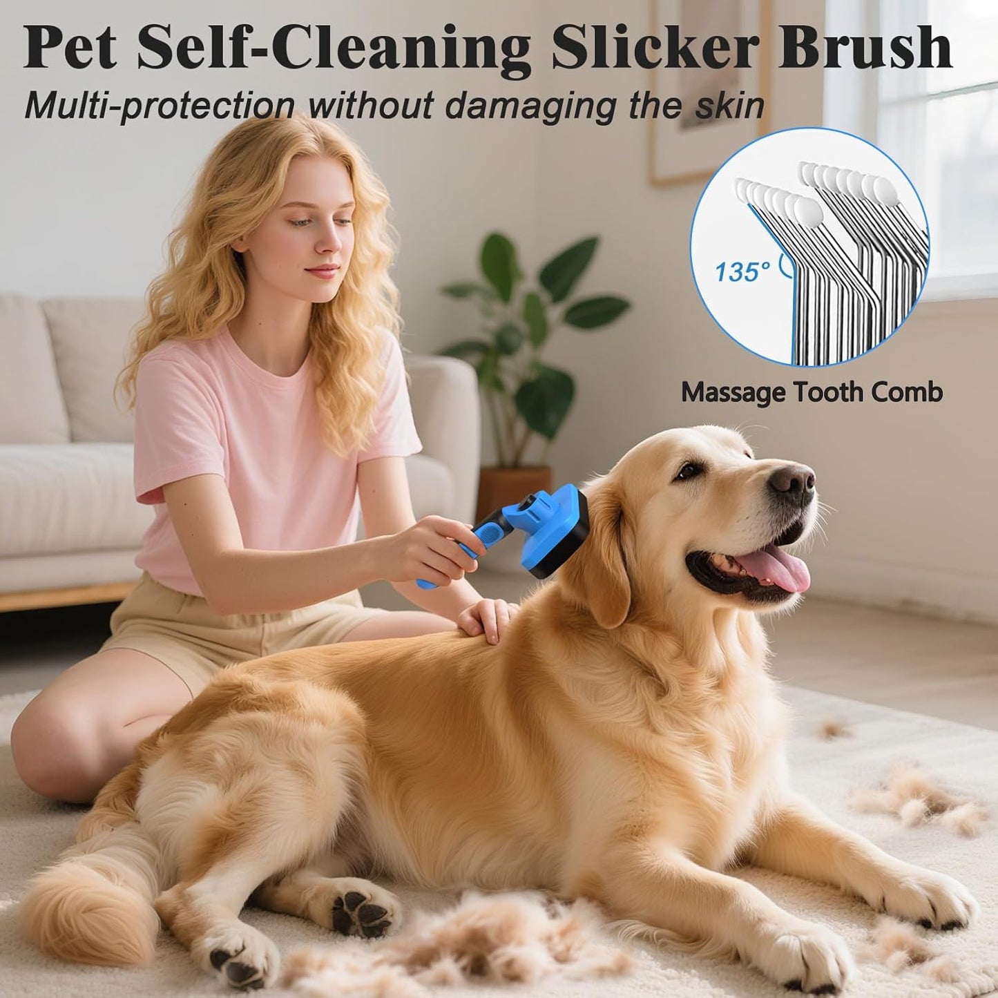 Skiennix Self-Cleaning Slicker Brush & Dog Comb - Gentle Deshedding Tool for All Pets | Blue, 2PCS