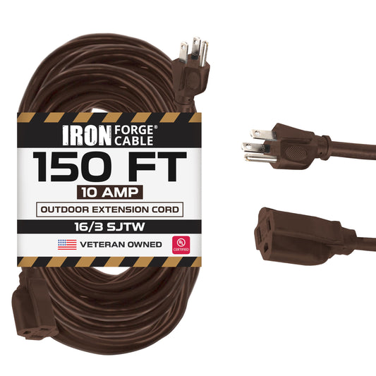 Iron Forge Cable Outdoor Brown Extension Cord 150 ft - 16 Gauge 10 Amp Heavy Duty Brown Outdoor Extension Cords 3 Prong - 16/3 SJTW Great for Outdoor