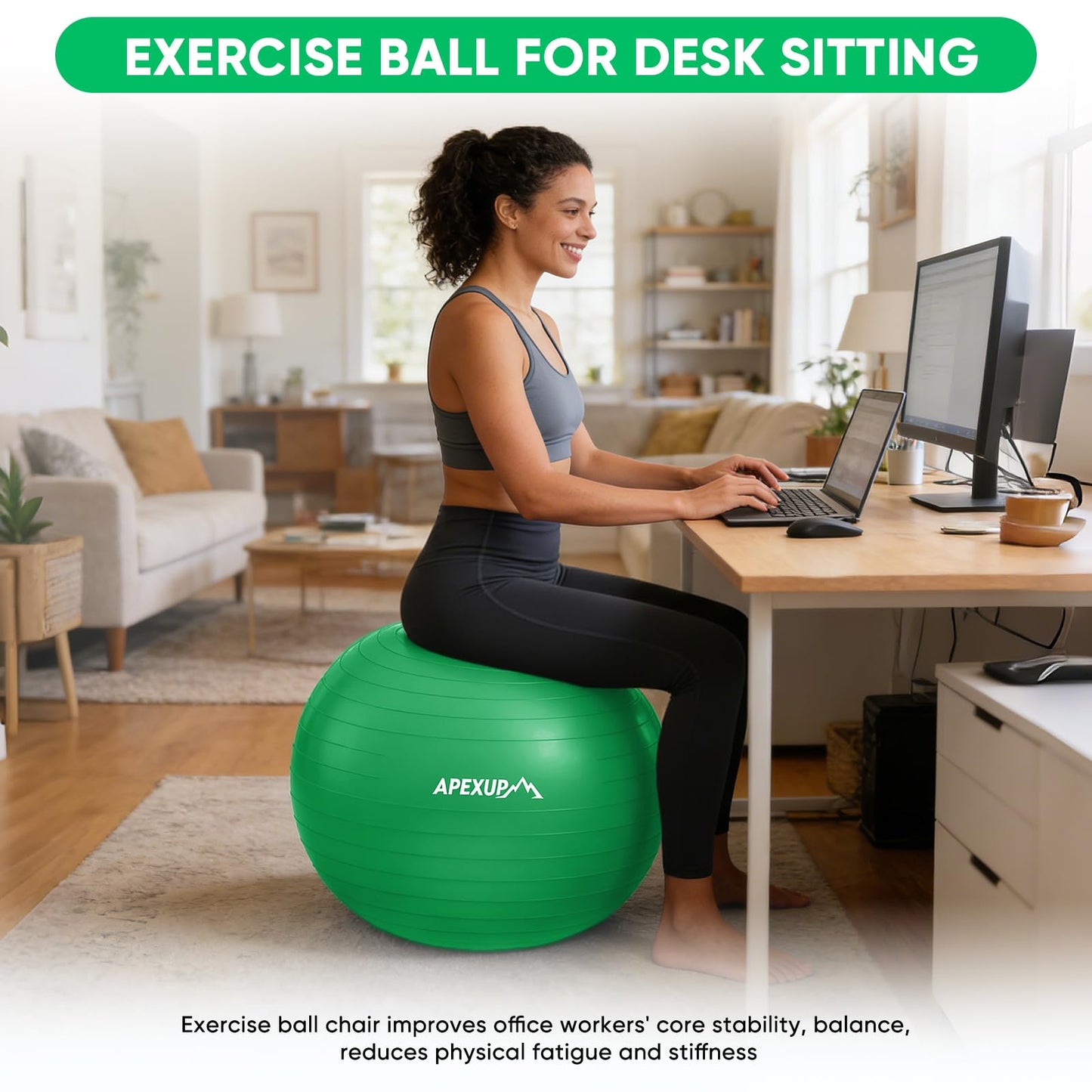 APEXUP Yoga Ball, 660 lbs Anti-Burst Exercise Ball with Pump, 5 Sizes (XL (27"~30") 75cm, Dark Green)
