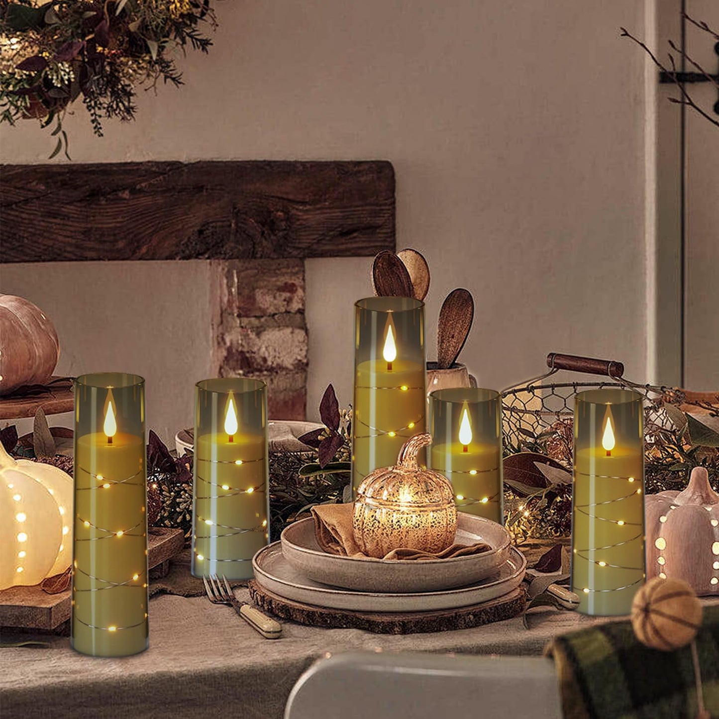 DRomance Flickering Flameless Candles String Lights with 11-Key Remote and Timer Battery Operated LED Pillar Candles Unbreakable Plastic Glass 3D Wick Mood Light Christmas Holiday Decor-5 Pack Black