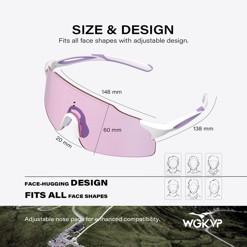 WGKVP Photochromic Running Glasses for Women and Man, with UV400 Protection Lightweight Wraparound Sports Glasses for Running & Outdoor Training (White Purple)