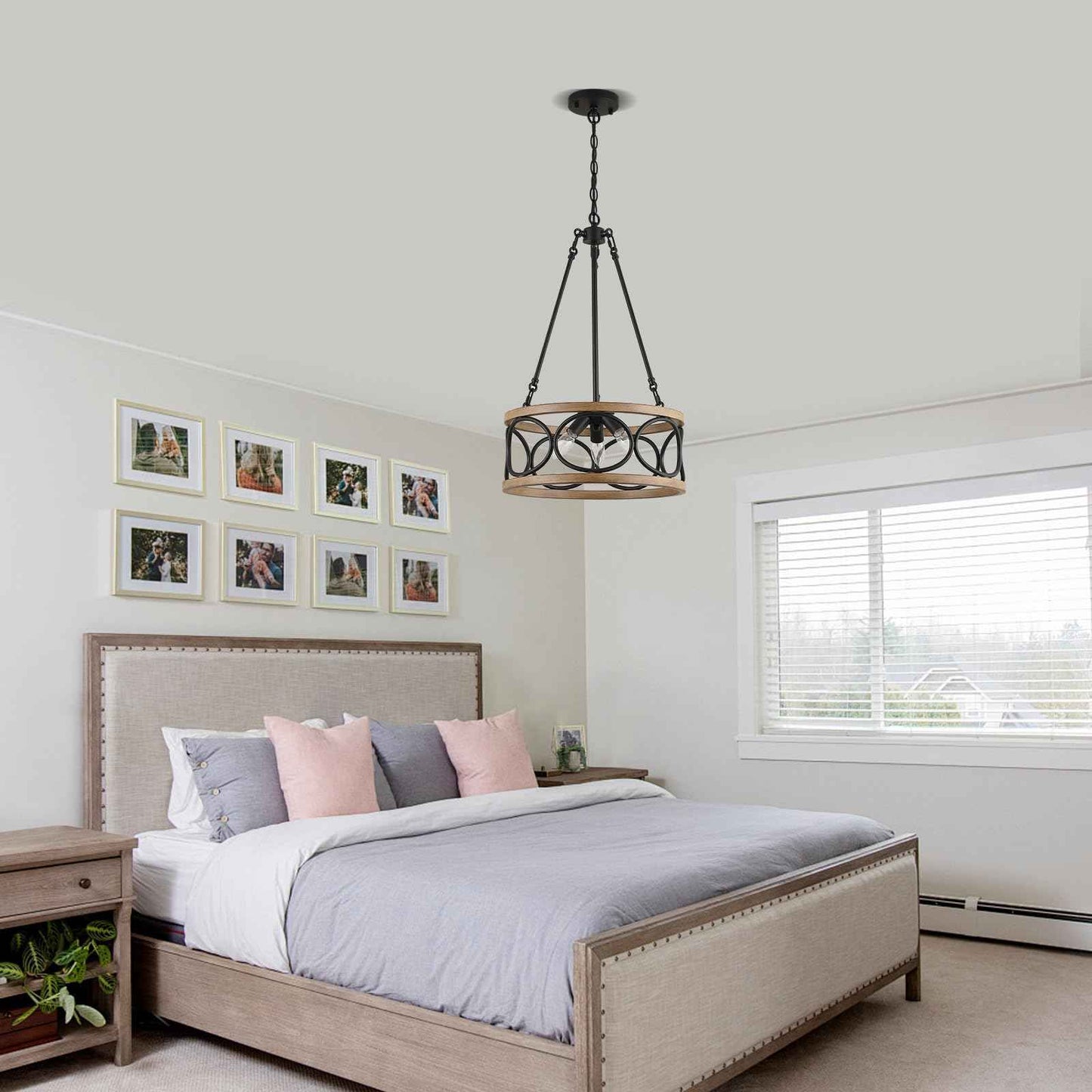 3WWWUEE 16‘’ Chandelier Farmhouse Style Black and Wood Hanging Light Fixture 3-Light Pendant Lighting with 47'' Height Adjustable Chain Dining Room, Living Room, Kitchen Island E12 Base - AJ9016P3WDBK