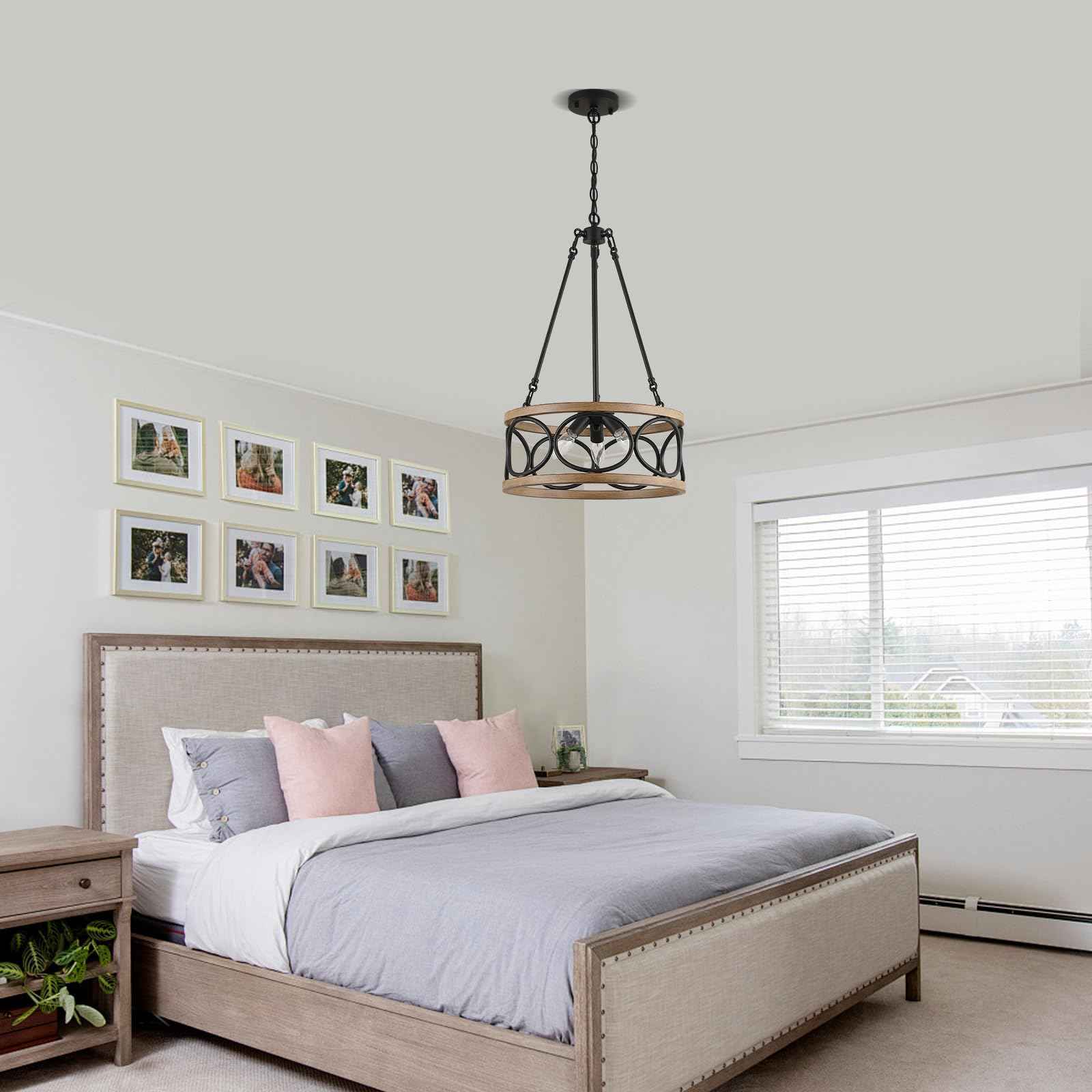 3WWWUEE 16‘’ Chandelier Farmhouse Style Black and Wood Hanging Light Fixture 3-Light Pendant Lighting with 47'' Height Adjustable Chain Dining Room, Living Room, Kitchen Island E12 Base - AJ9016P3WDBK