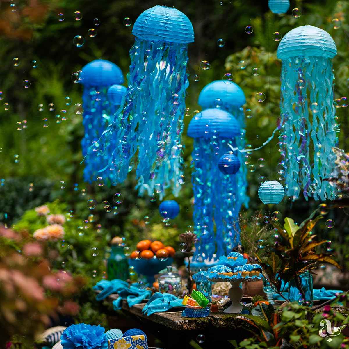 Jellyfish Paper Lanterns and Bubbles - Under Sea Party Decorations, Mermaid Party Decor, Mermaid Birthday Decorations and Hanging Jellyfish Decor by Avoseta (15pcs, Jelly Fish, Blue and Cyan)