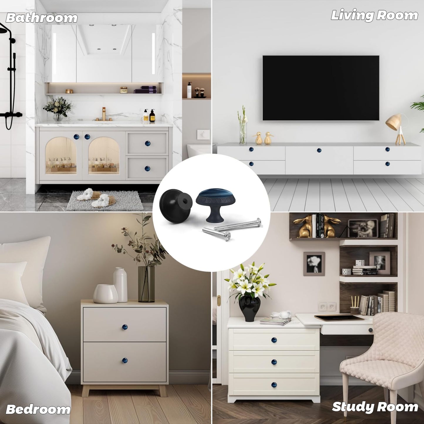 Artinhand 4 Pack Navy Blue Kitchen Cabinet Knobs Round Drawer Pulls Black Dresser Cupboard Door Handles