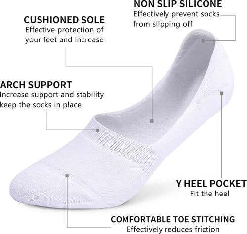 Leotruny No Show Socks - 6 Pairs of Unisex Thick Cushion Athletic Cotton | Non-Slip Low Cut Design