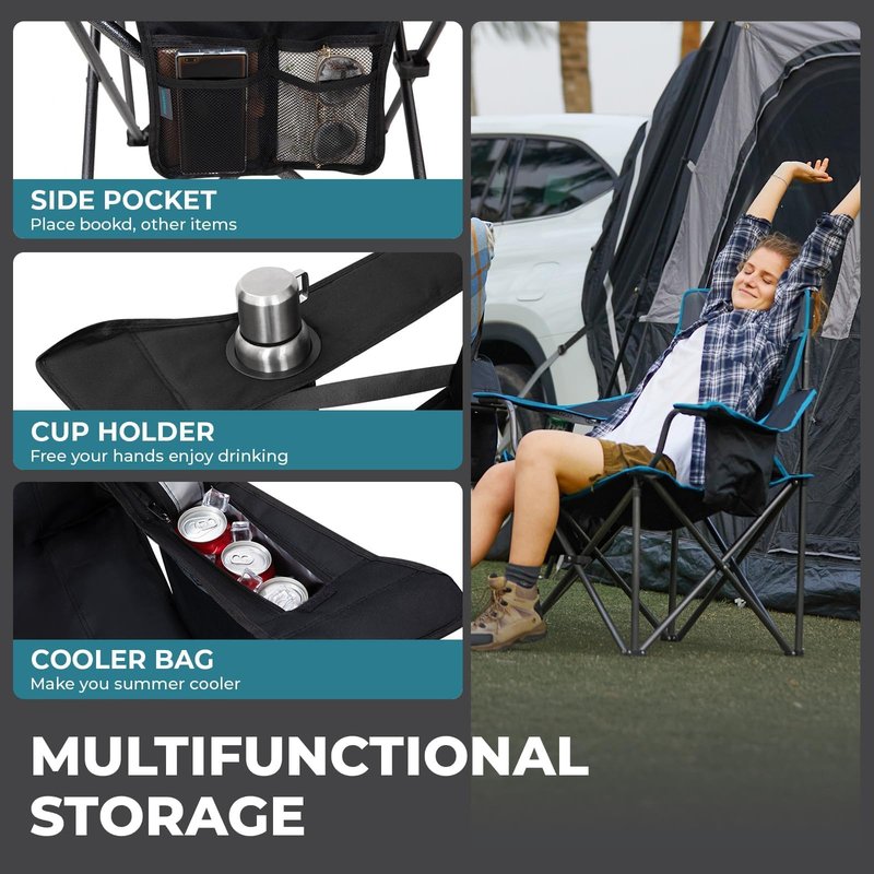 FUNDANGO Oversized Camping Chair for Adults, Heavy Duty Portable Foldable Lawn Chair with Padded Seat & Back, Lumbar Support, 4-can Cooler & Cup Holder, Carry Bag Included for Outdoor