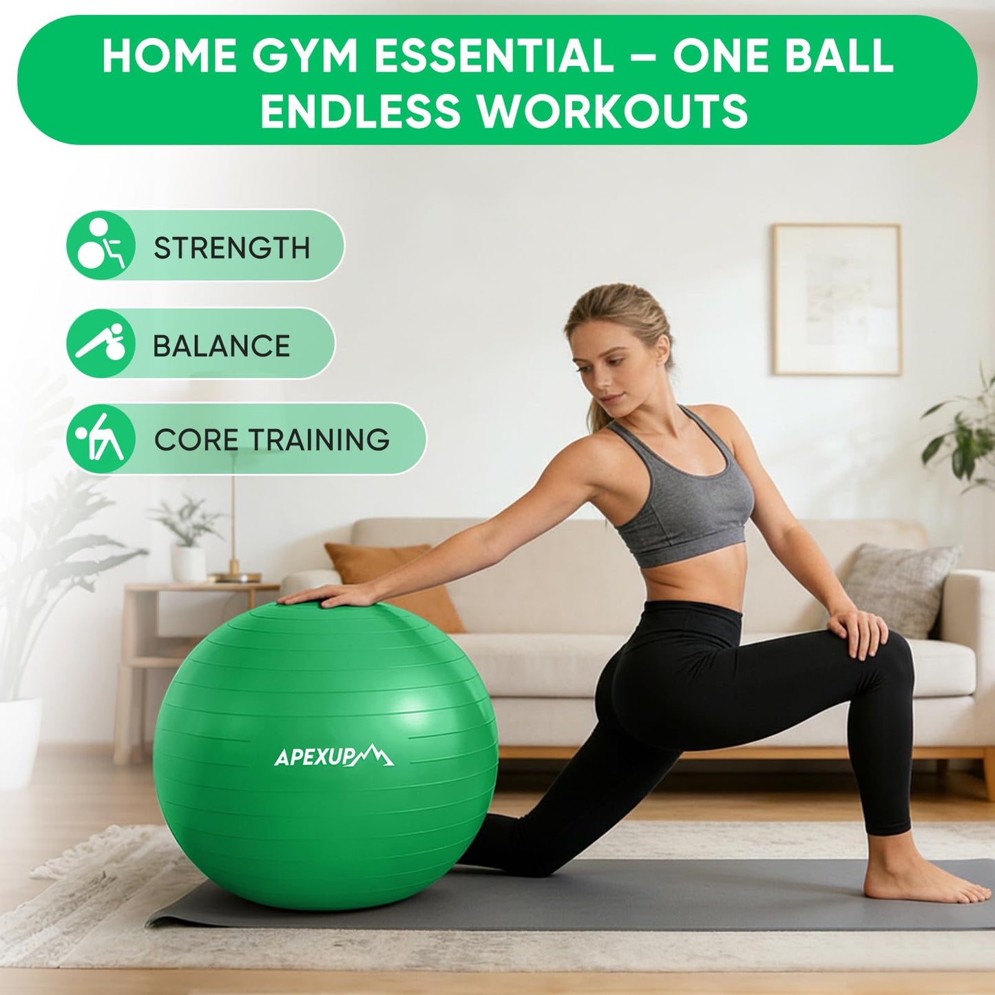 APEXUP Yoga Ball, 660 lbs Anti-Burst Exercise Ball with Pump, 5 Sizes (XL (27"~30") 75cm, Dark Green)