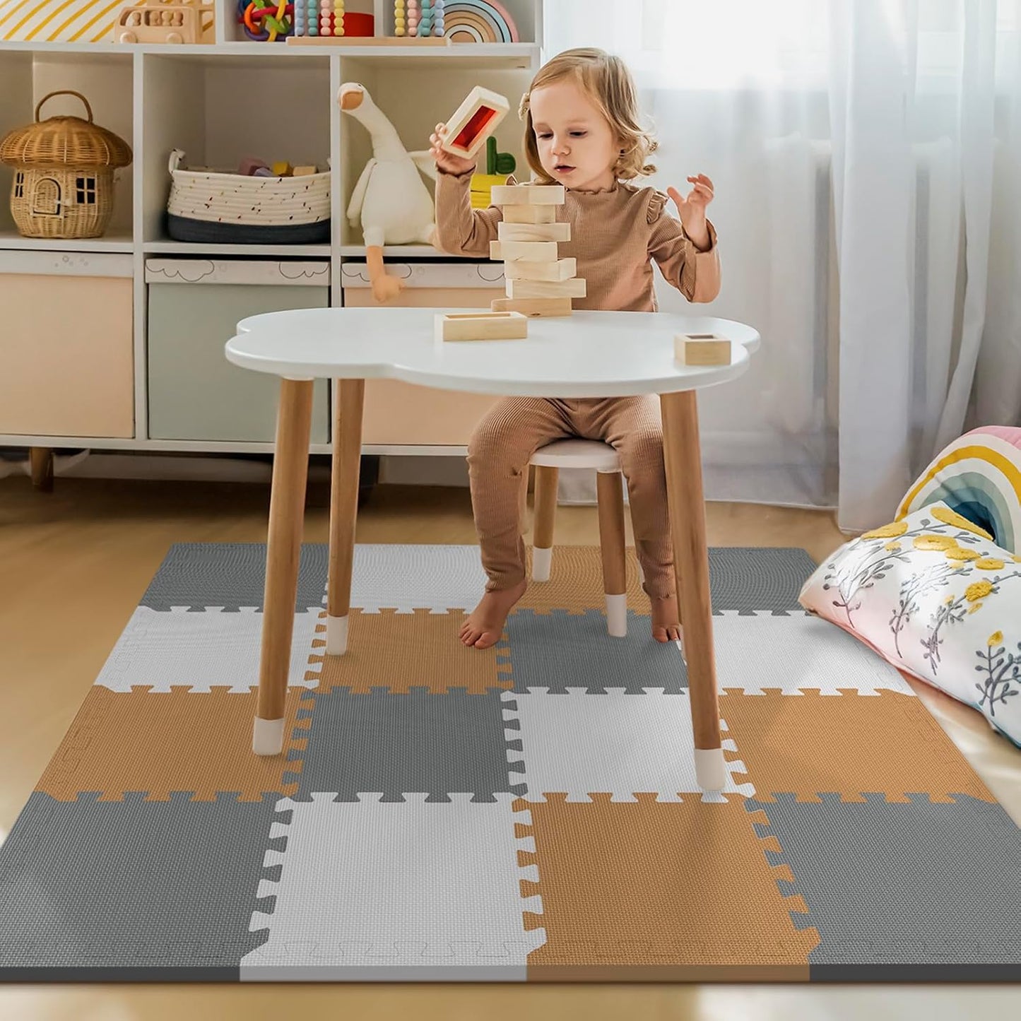 Skiennix Baby Play Mat - 16 Interlocking EVA Foam Tiles | 0.6 Inch Thick, White-Brown-Grey