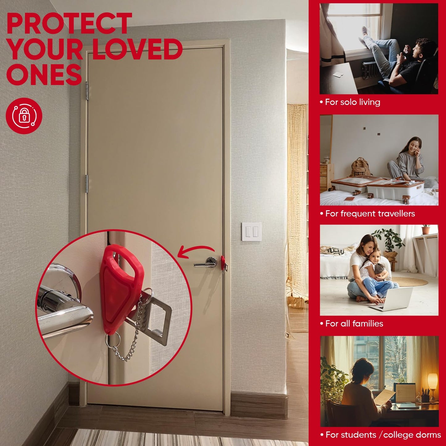 Portable Door Lock Extra Security Essential Safety & Privacy Travel Lockdown, Prevent Entry Stopper, Protect Family While Traveling Home Bedroom Hotel Apartment College (1 Red)