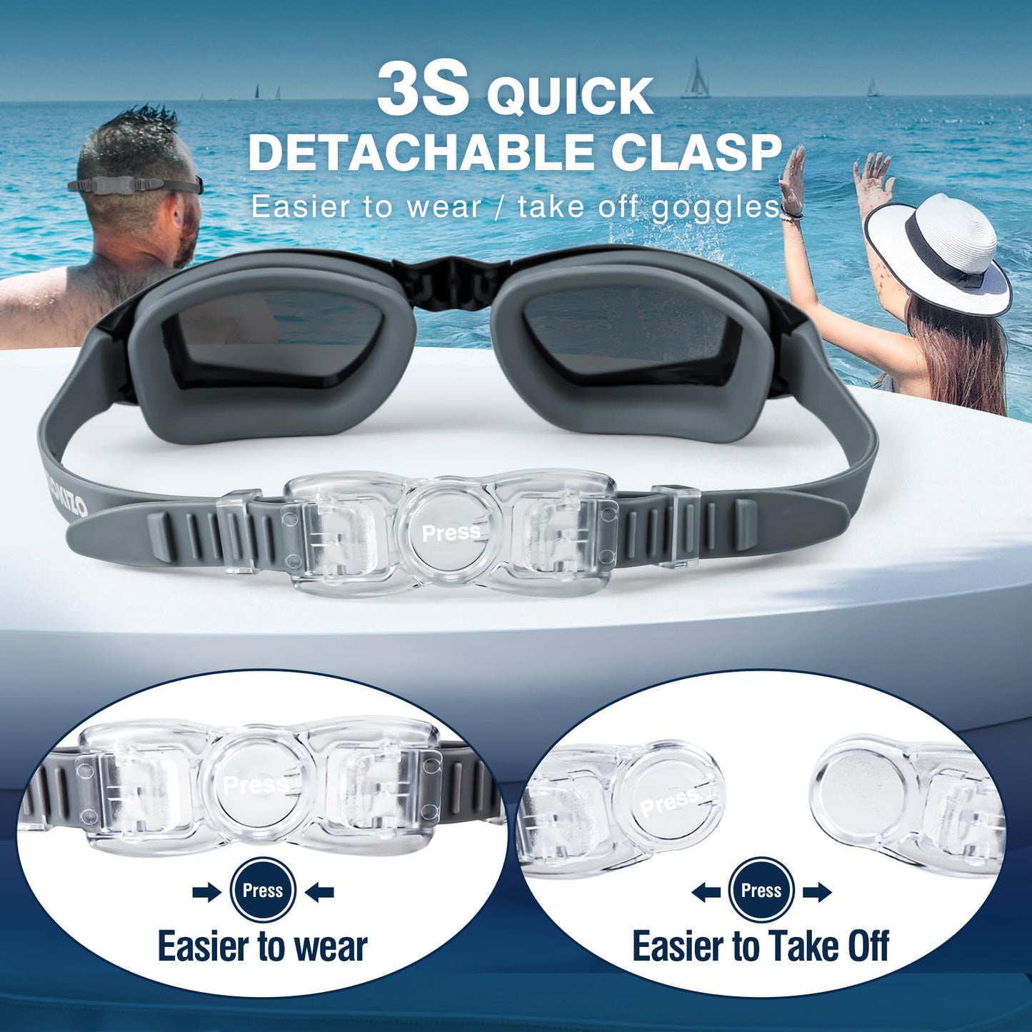 Dizokizo Swim Goggles for Adult Men Women Youth Kids Child with Earplug, Anti-Fog UV Protection Swimming Goggles with HD Lens, Adjustable Silicone Leak-Proof Ergonomic Design with Carry Case (Grey)