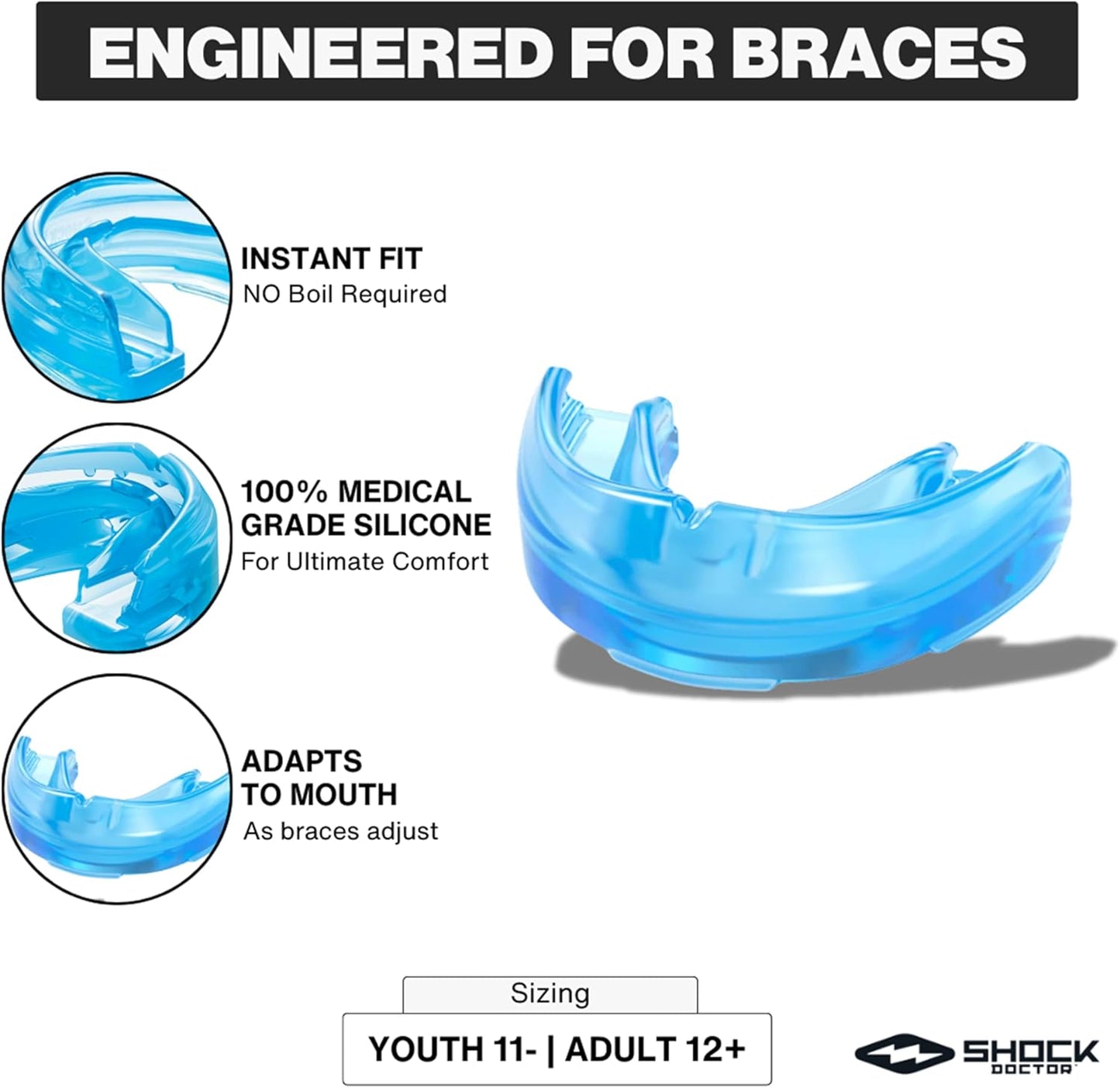 Shock Doctor Mouth Guard for Braces - Upper Teeth Protection, Instant Fit, Blue | Adult & Youth Sizes (Pack of 2)