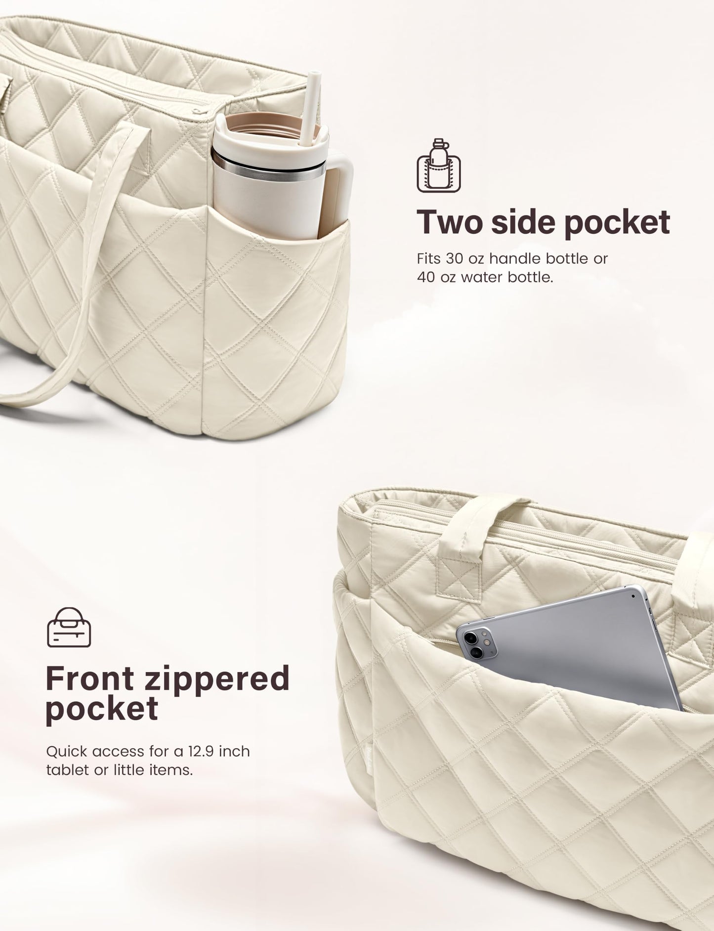 Uselike Tote Bag for Women, Lightweight Puffer Tote Work Bags with Compartments for Travel, Quilted Shoulder Bag with Zipper
