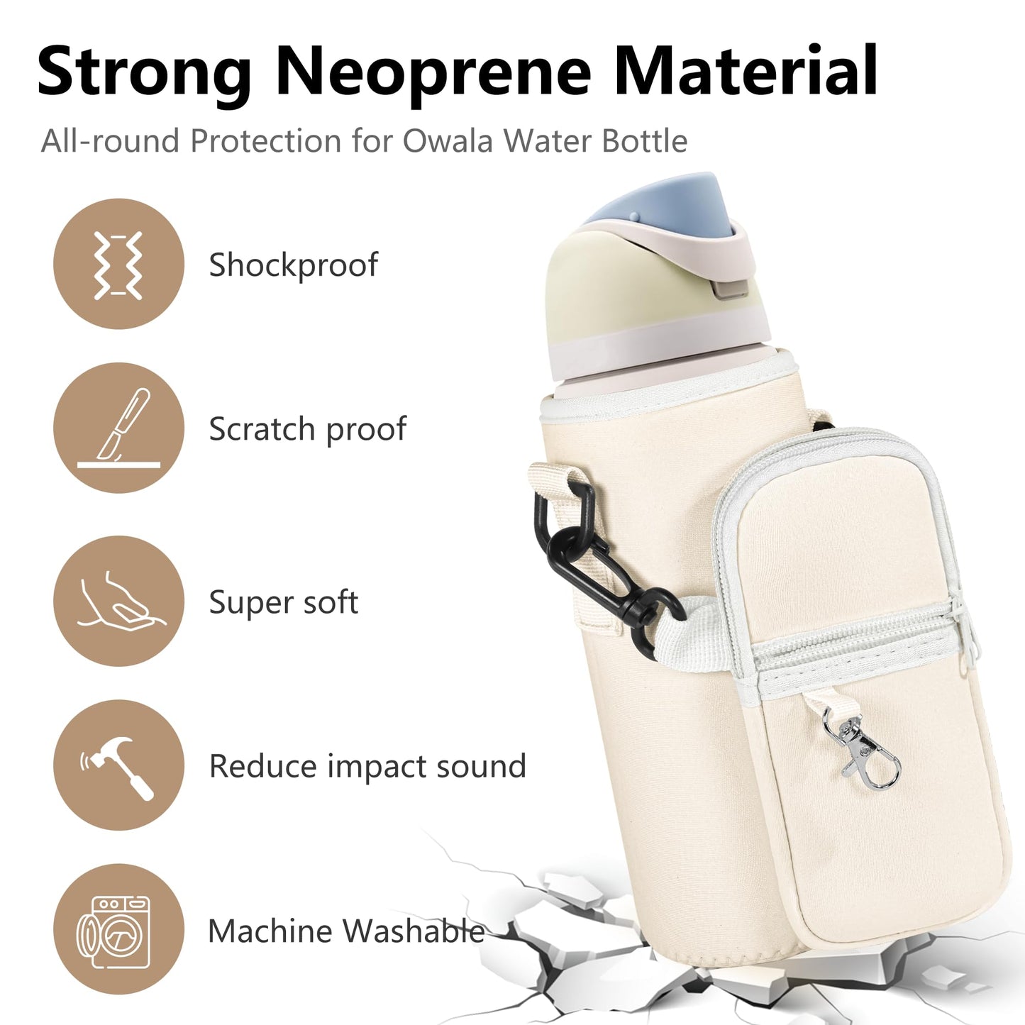 Icesip Water Bottle Carrier Bag with Strap for Owala FreeSip 24 oz with Detachable Phone Pocket for Owala Accessories 24oz Water Bottle Sleeve for Walking Camping Gym Off White