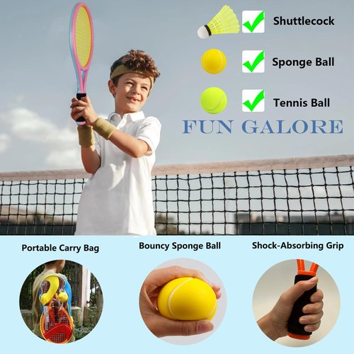 JHuiLap Kids Tennis Racket 17 Inch Lightweight for Junior Toddlers - Includes 2 Tennis Balls, 2 Sponge Balls, 4 Shuttlecocks & Carry Bag (Blue & Pink)
