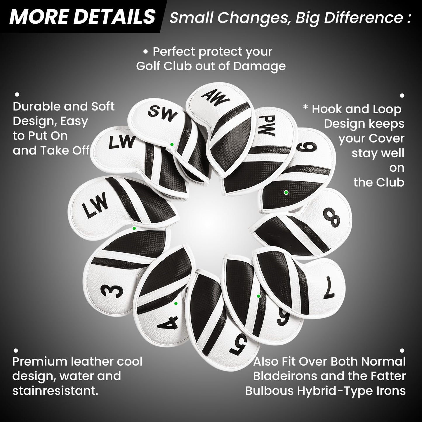 Amy Sport Golf Iron Head Covers Value 12 Pcs Set Thick Synthetic Leather, Protection Weatherproof Club Headcover Fit Universal Main Iron Wedge Golf Clubs for Men Women (White)