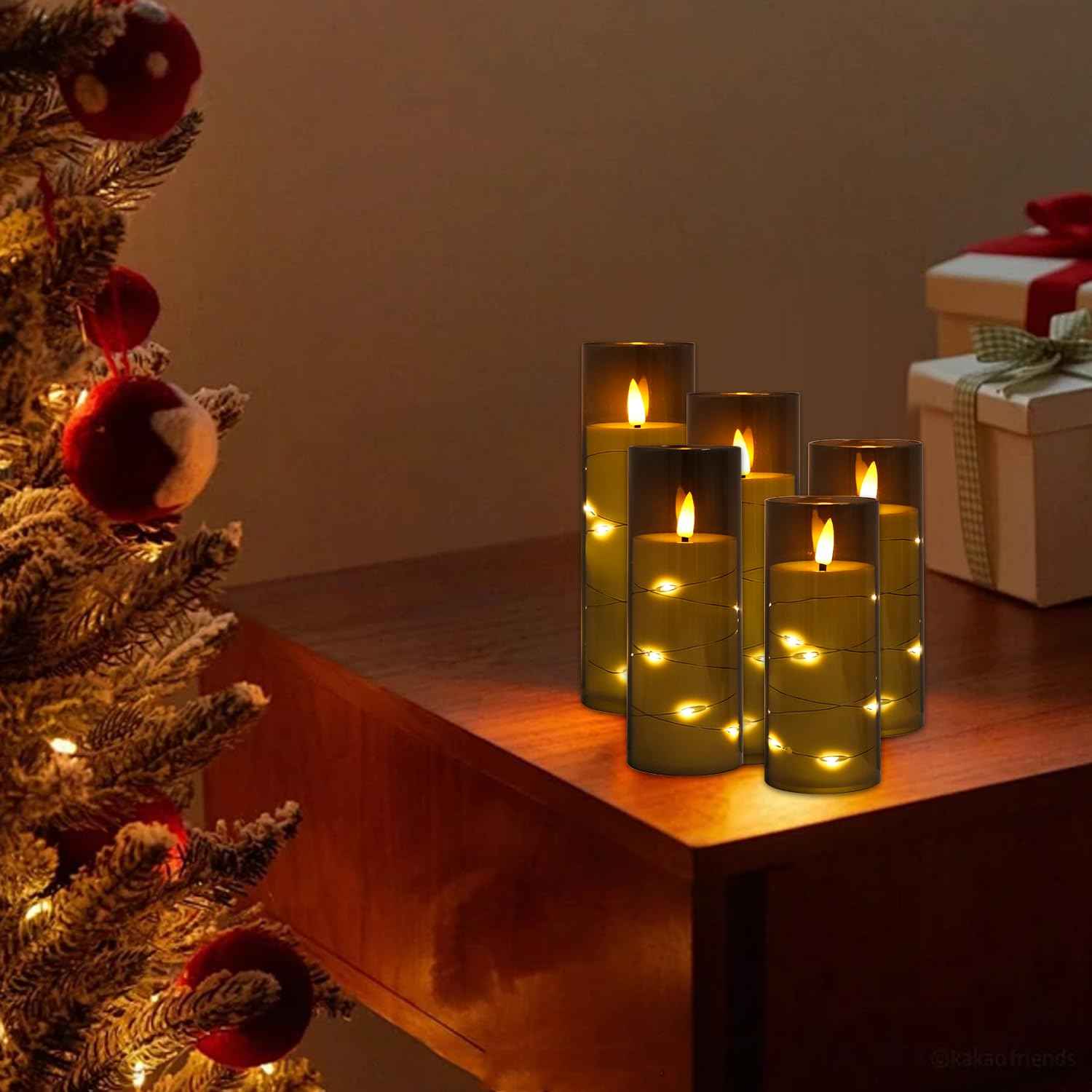 Flameless Candles Flickering LED Lights 7 PCS Battery Operated Candles with Remote & Timer, with Embedded Star String Lights for Home Decoration Wedding Festival Cafe Restaurant (Grey)