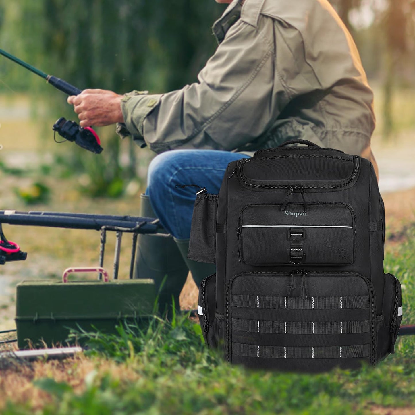 Skiennix Large Fishing Backpack - Waterproof Design with Rod Holders | 45L Tackle Box for Men