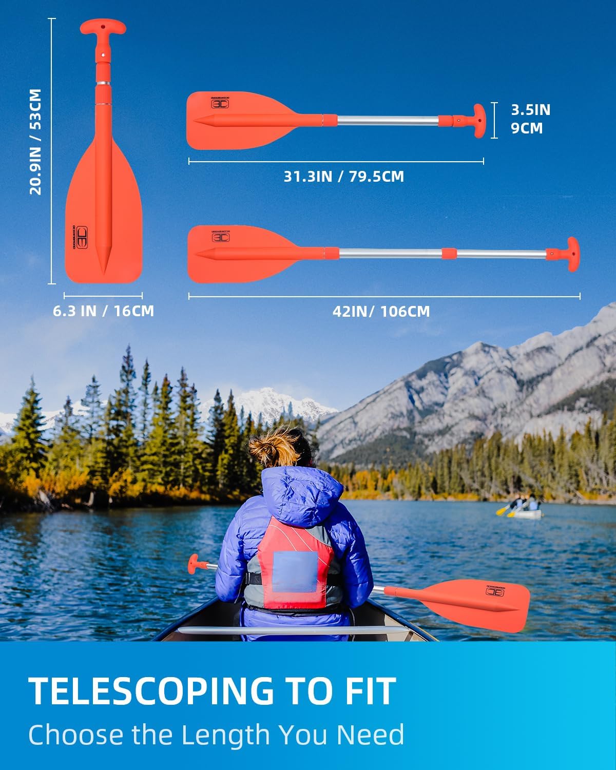 OCEANBROAD Telescoping Emergency Paddle - 42'' Collapsible Aluminium Shaft for Kayaking | Orange
