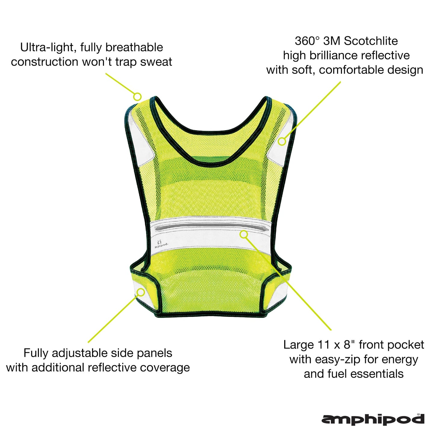 Amphipod Full Visibility Reflective Vest, Outdoor Safety Running Gear for Road Running, Jogging & Walking -Hi-Viz Green - L/XL