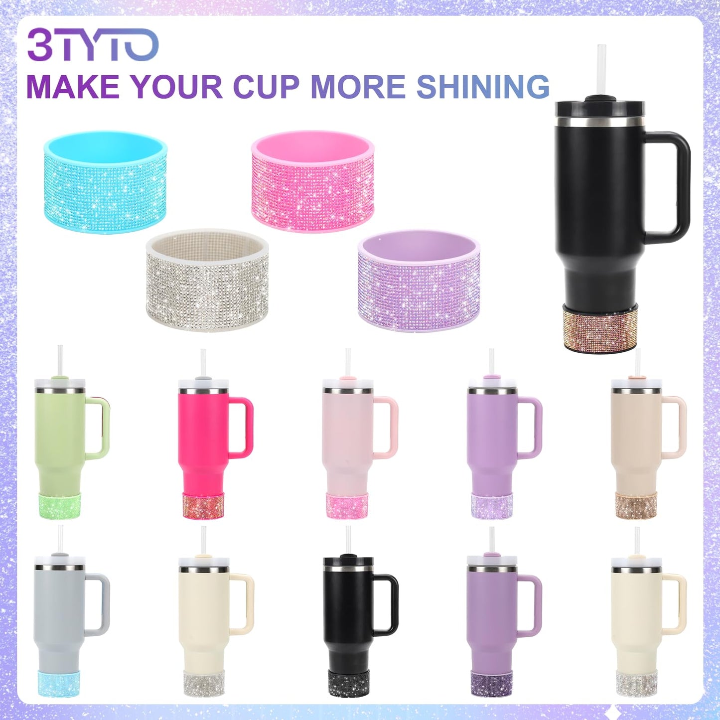 Rhinestone Silicone Boot for 30 oz Stanley Quencher, Anti-Slip Silicone Protector for Qunercher Pro tour Flip 300z, Cup Accessories for 2.75-2.87 inch Trapezoidal Cylinder Base Water Bottles Bottom