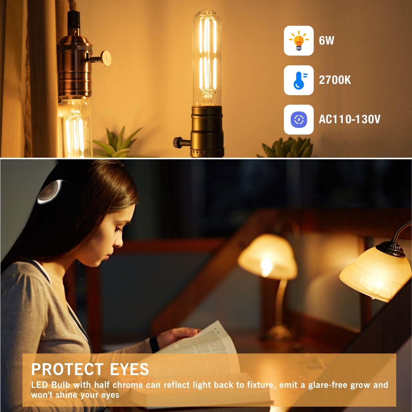 Dimmable E26 T10 LED Bulb Tube Light Bulbs 6W(60W Equivalent),Tubular Light Bulb Type T Long Thin Skinny Light Bulbs for Curio Cabinet,Piano Light,Chandelier,Hutch,2700K Solf White 600LM,2 Pack