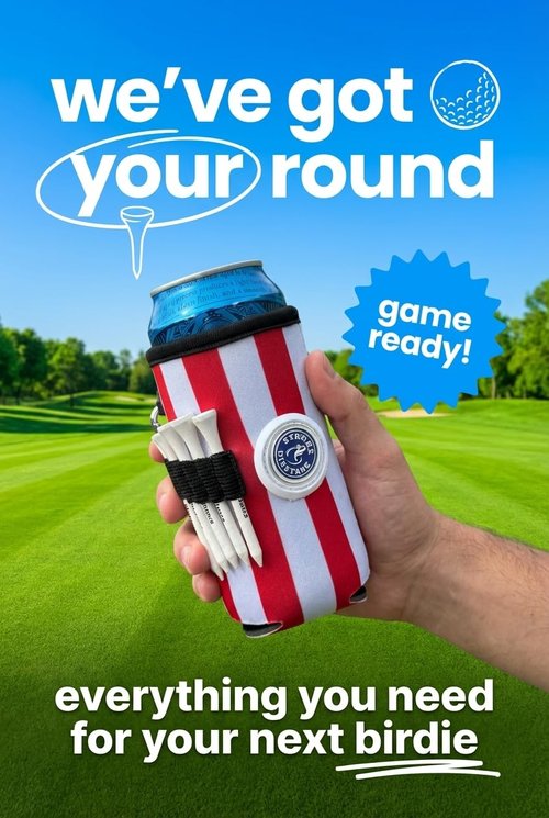 Golf Can Cooler Classic Can – 3‑in‑1 Golf Drink Sleeve with Magnetic Ball Marker, Bag Clip & Tees – Red Design