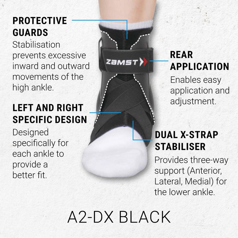 Zamst A2-DX Black Ankle Brace for Sport - Breathable Sports Ankle Support for Men and Women with Guard Stabilizers for High-Grade Ankle Sprain - Left, Medium