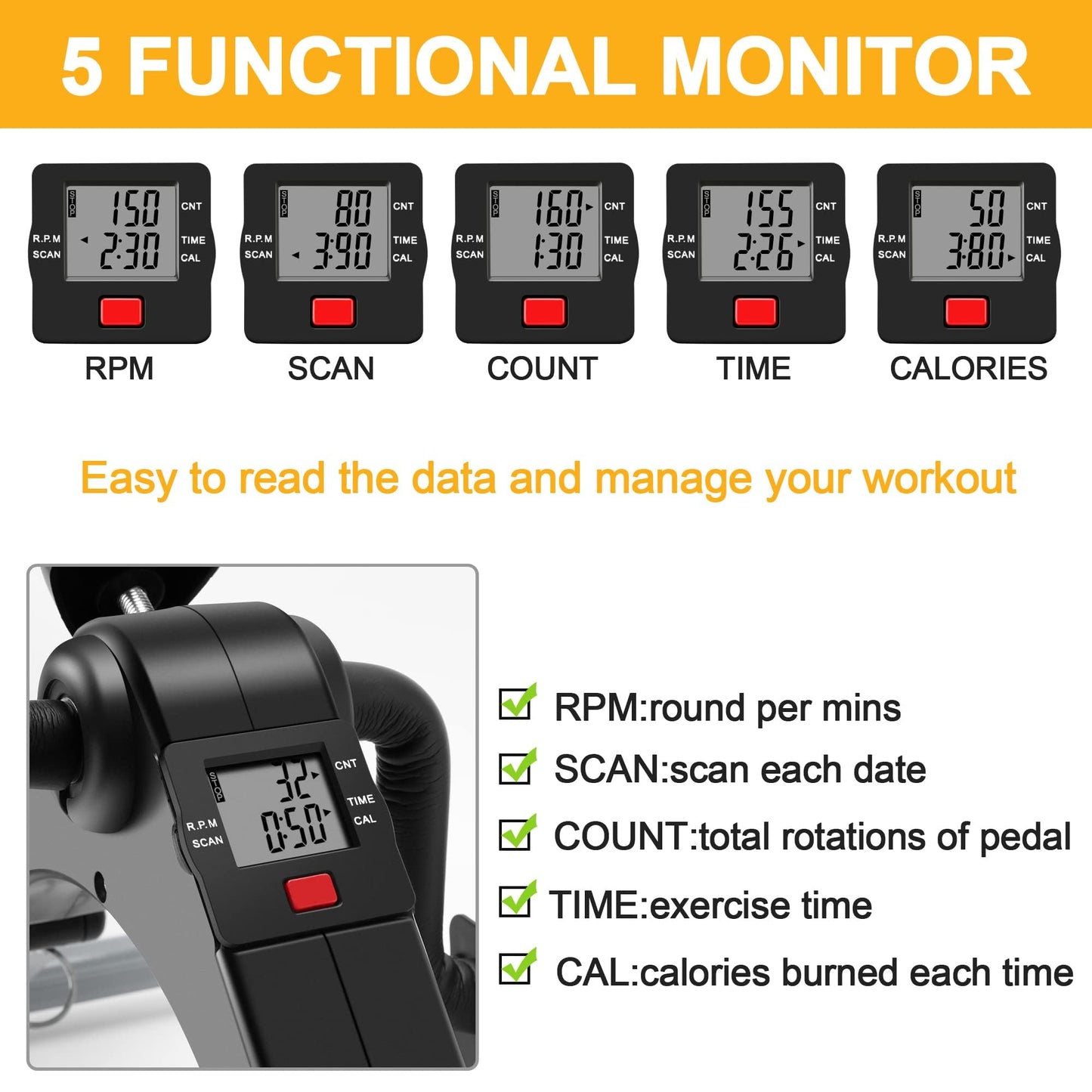Pedal Exerciser Desk Exercise Bike Leg and Arm Exercise Bike with LCD Monitor Foldable and Porable (Black/Grey)