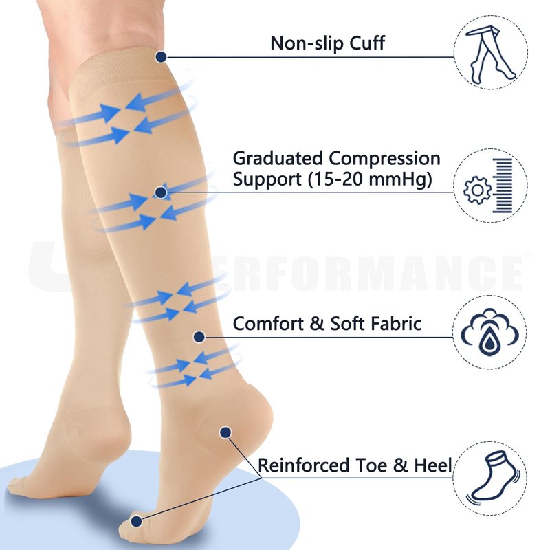+MD 2 Pairs 15-20 mmHg Medical Compression Socks for Men/Women, Lightweight Opaque Knee High Support Stockings，Beige,M