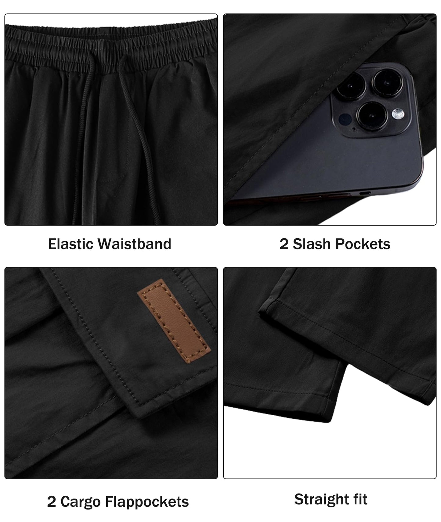Comdecevis Men's Casual Cargo Pants Big and Tall Workout Joggers Stretch Baggy Sweatpants Hiking Drawstring Tactical Pants with Multi Pockets Black