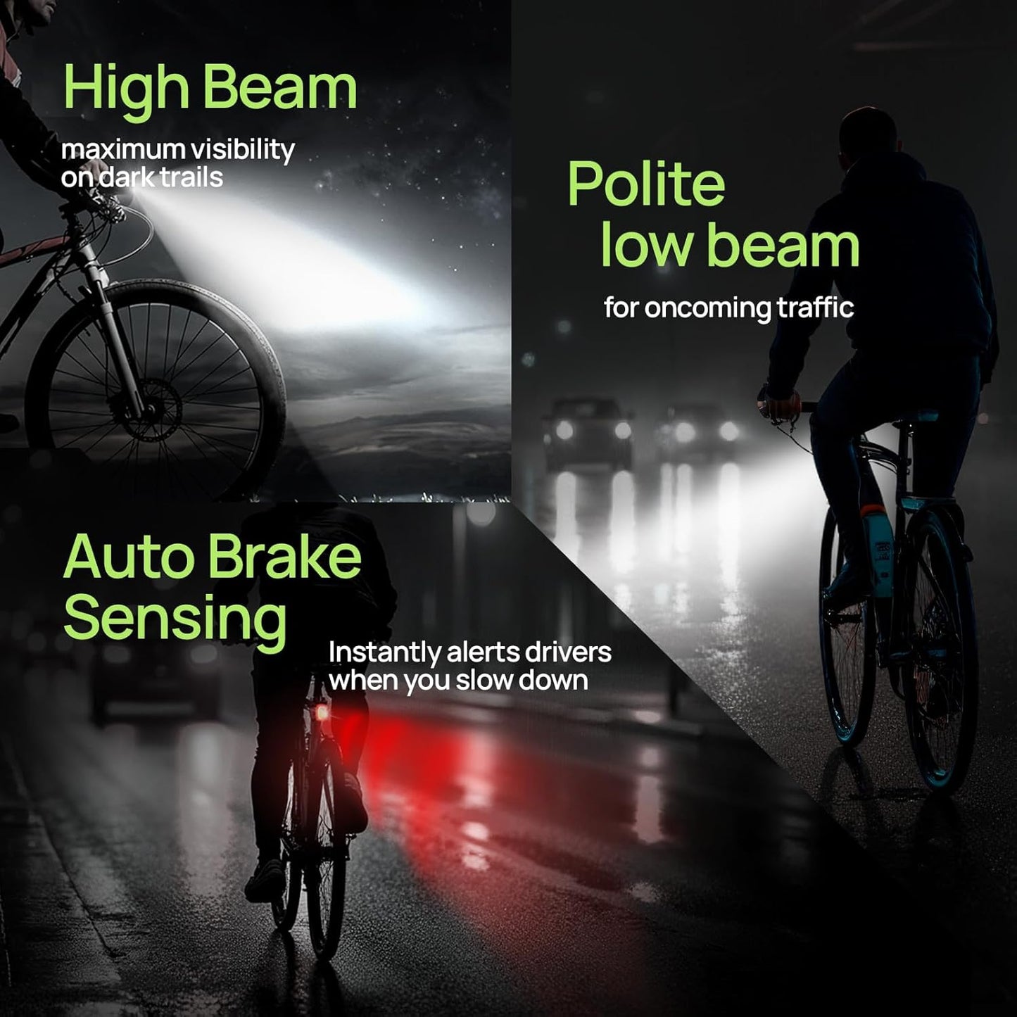 R15 Smart Bike Lights Set - USB C Rechargeable Front & Back with Auto Brake Sensing | 500 Lumen Waterproof for Night Riding