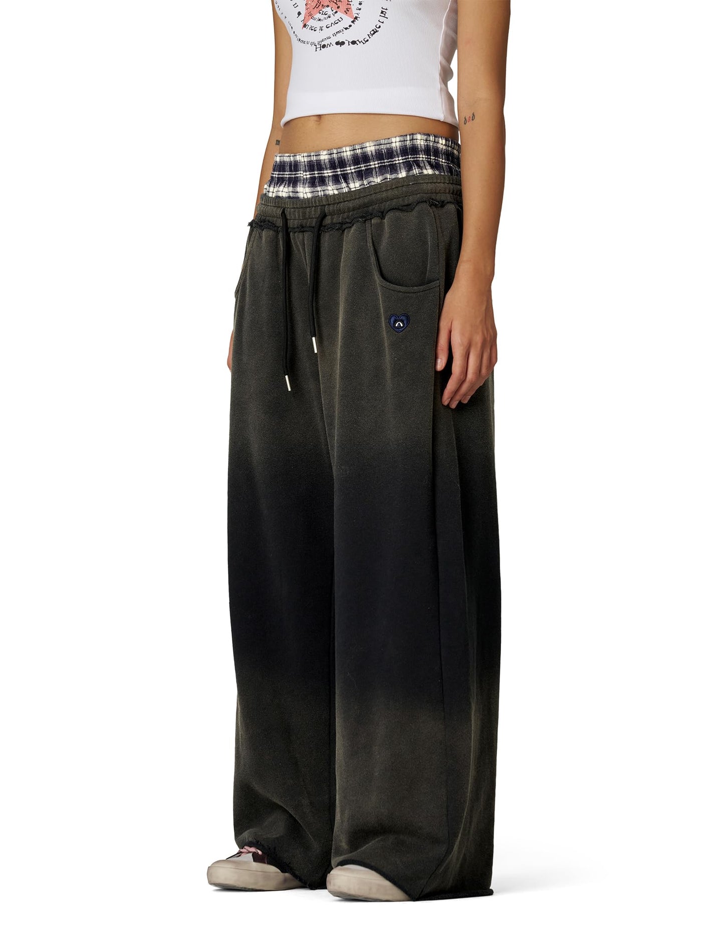 Aelfric Eden Double Waist Washed Baggy Sweatpants Loose Wide Leg Plaid Patchwork Casual Pants with Pockets Dark Grey Large