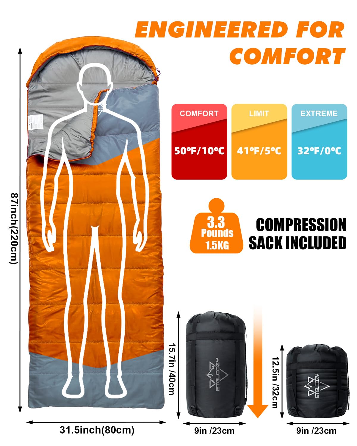 ETGLCOZY Lightweight 3-Season Sleeping Bag for Adults/Kids Camping, Compact w/Compression Sack, Waterproof Ripstop, Portable for Backpacking Hiking Travel, 50-80°F, Orange