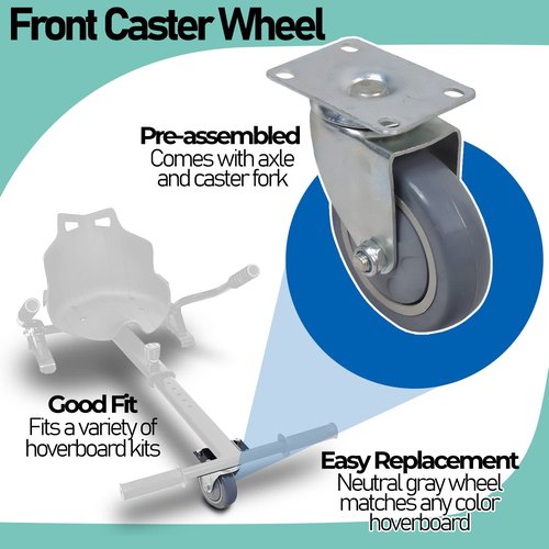 AlveyTech Front 4" Caster Wheel for Hoverboard Go-Kart Kits - Replacement Swivel Assembly, Shockproof Anti-Mark Gray Tire, Fork & Axle, and Durable Metal Alloy Mounting Plate