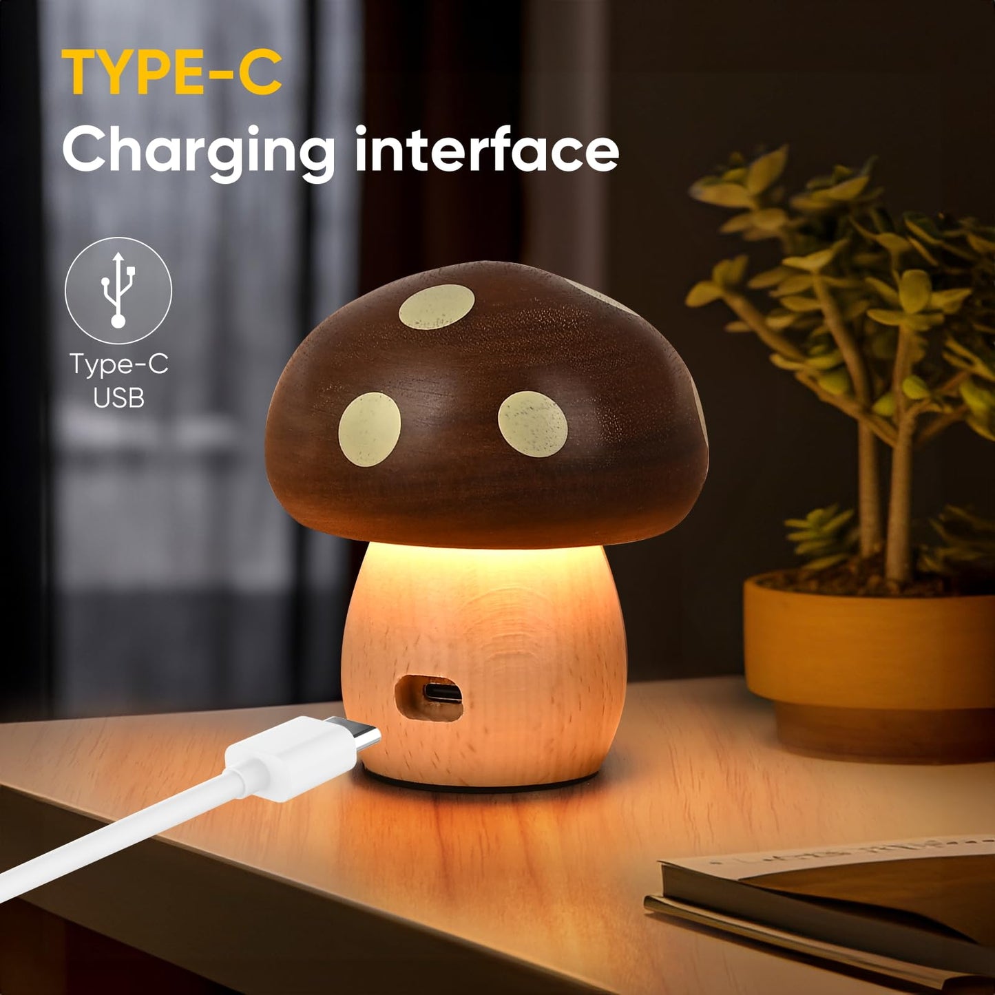 Moroommt Wood Mushroom Lamp, Rechargeable Small Bedside Lamp, Touch Mushroom Night Light Small lamp for nightstand, Portable Battery Operated Lights for Bedroom Kids Birthday Gifts