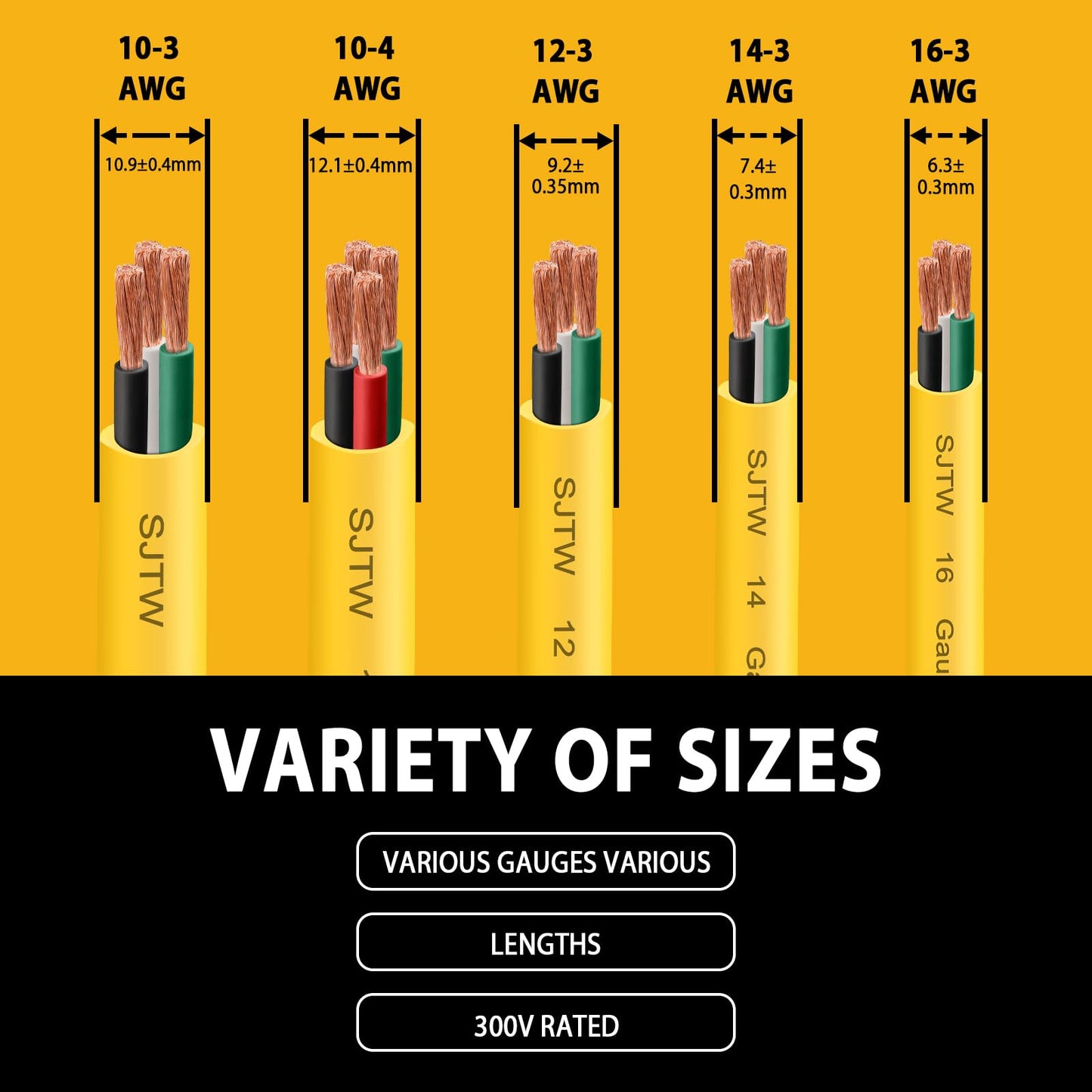 10/3 SJTW Yellow Wire 50 Feet - 10 AWG 3 Conductor SJTW Cable with UV-Resistant Jacket for Motor Leads, Battery Chargers and Machine - 50 ft Electrical Wire