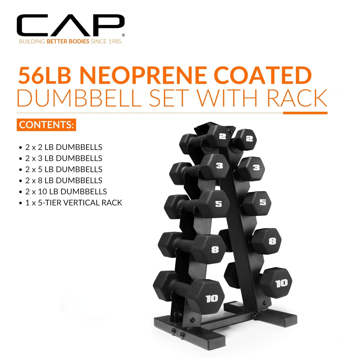 CAP Barbell 56 LB Set of Neoprene Dumbbells with Rack Black | 2, 3, 5, 8, 10 LB pairs