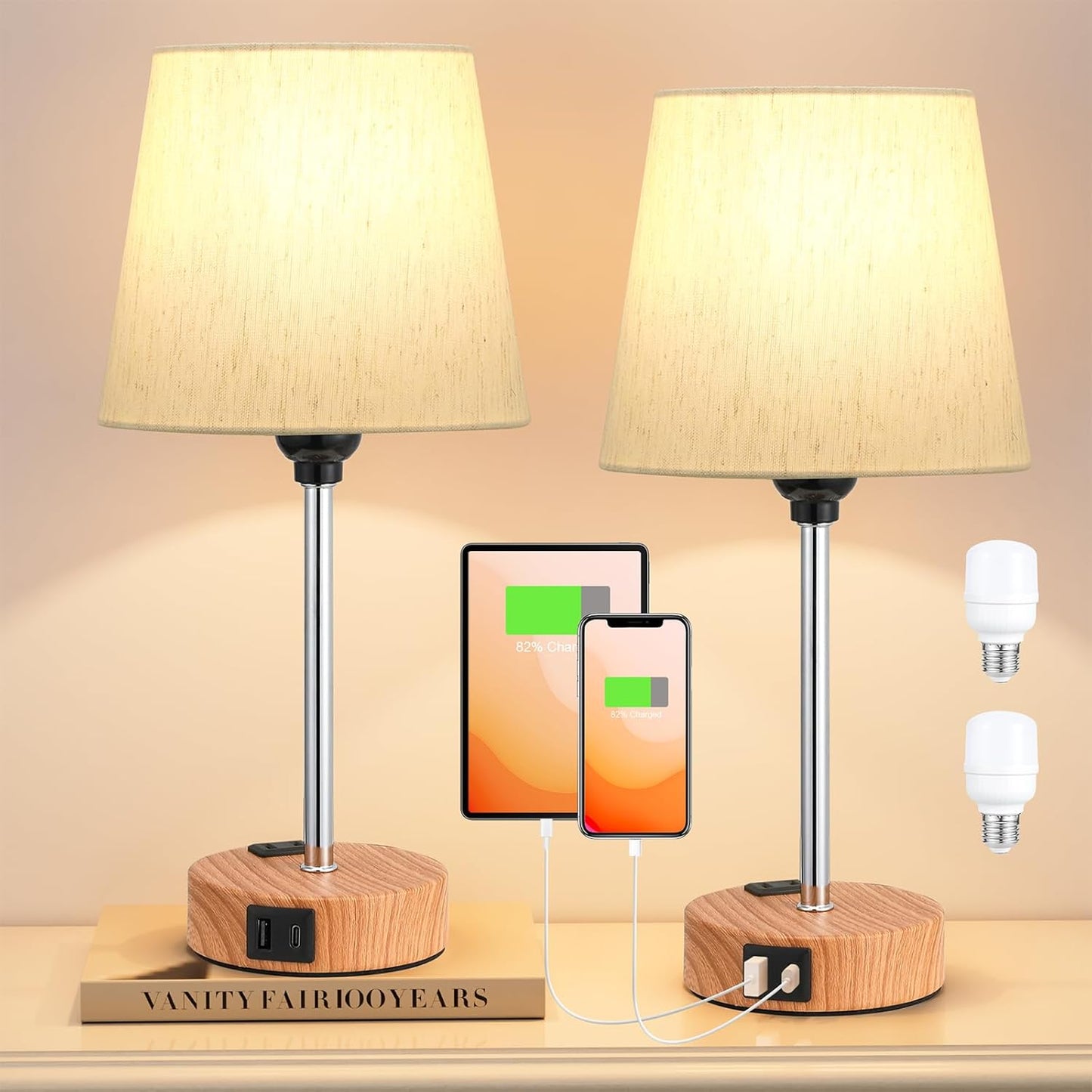 Set of 2 Mini Bedside Lamps with USB-C & AC Outlet - Dimmable Touch Nightstand Lights for Bedrooms