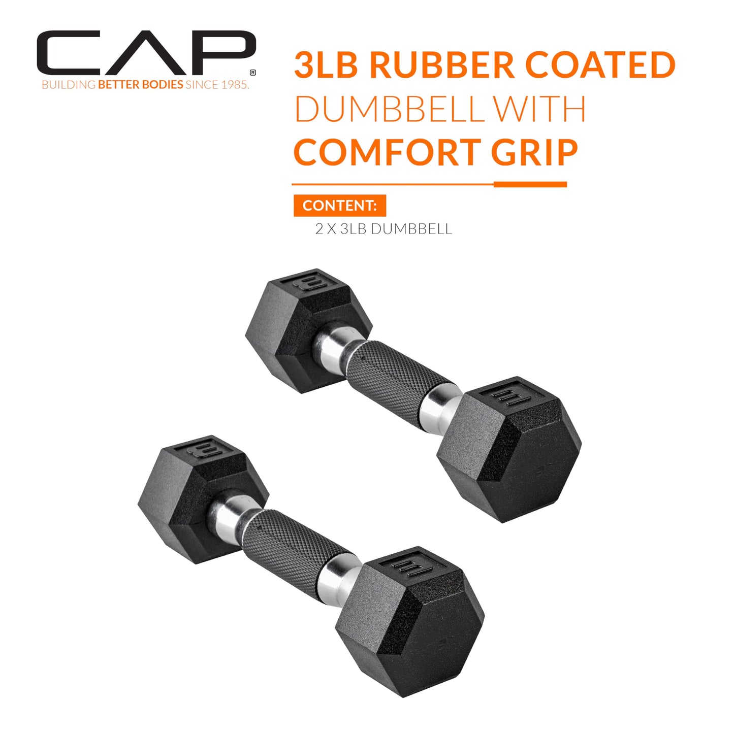 CAP 3 LB Rubber Coated Hex Dumbbell Weight, Rubber Hand Weights for Home Gym Strength Training, Comfort Grip Handle, Pair