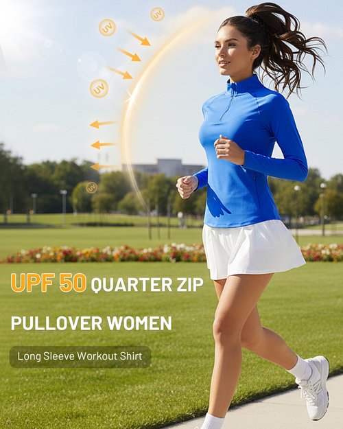 Runhit Womens Long Sleeve Shirts Athletic Workout Tops Quarter Zip Pullover Sun Protection for Running Gym Golf Hiking (Medium, White)