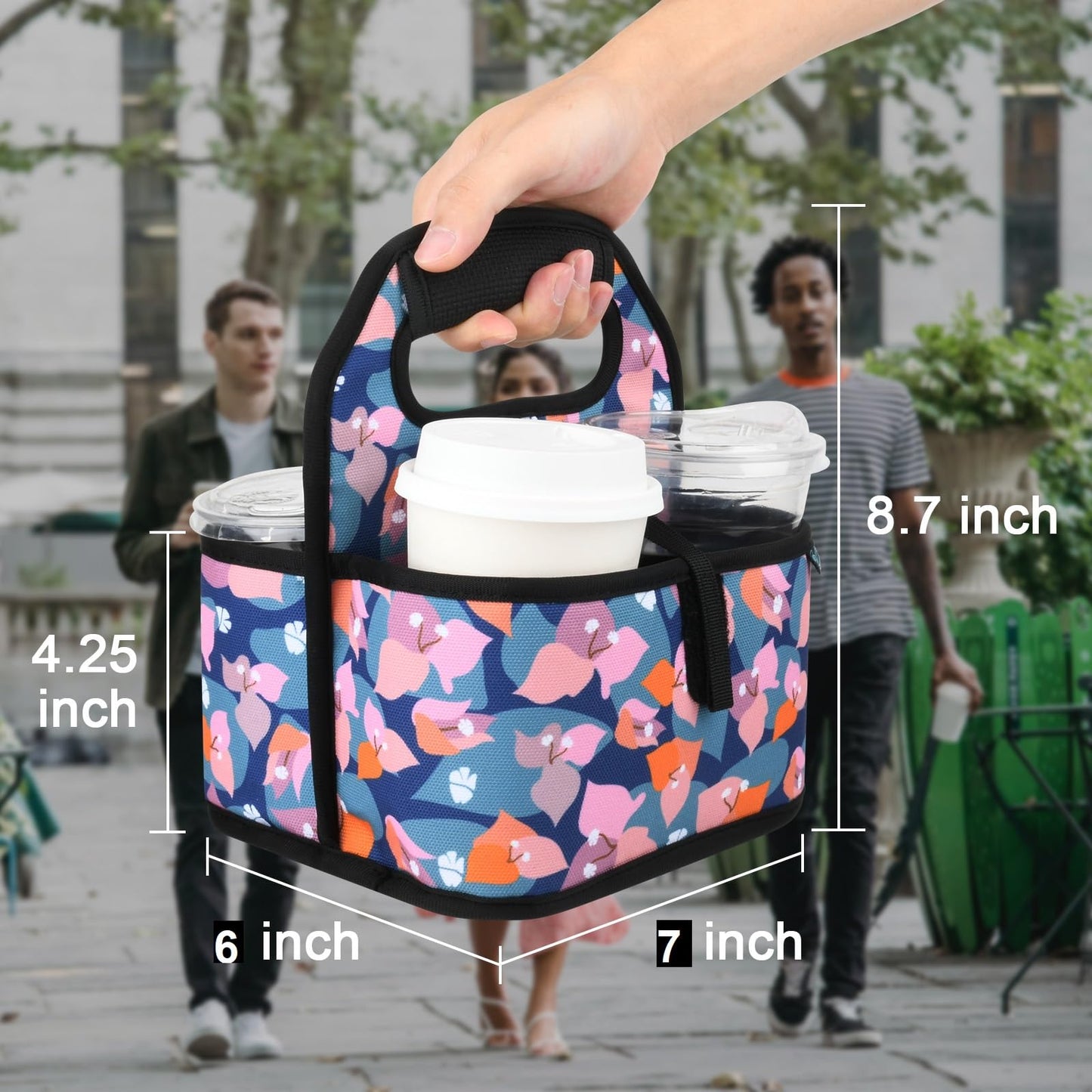Beautyflier Reusable Insulated Coffee Cup Carrier, Portable Drink Holder with Handle Organizer Tote Bag for Hot & Cold Drinks (Bougainvillea)