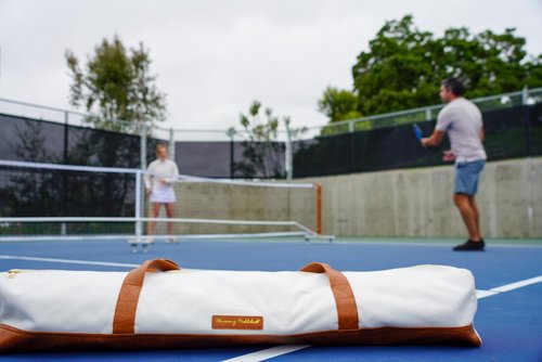 Harmony Pickleball Portable Pickleball Net for Driveway, Street, Court, or Park Play, Outdoor Weather Resistant Netting, Heavy-Duty Tensioners, Stylish Leather Accents, Canvas Travel Bag