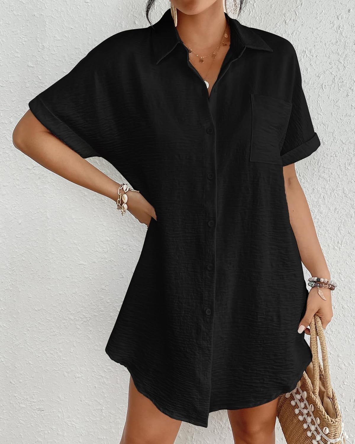 Bsubseach Women Swimsuit Coverup Shirt Dress Button Down Bathing Suit Cover Up Beach Vacation Outfits Black S